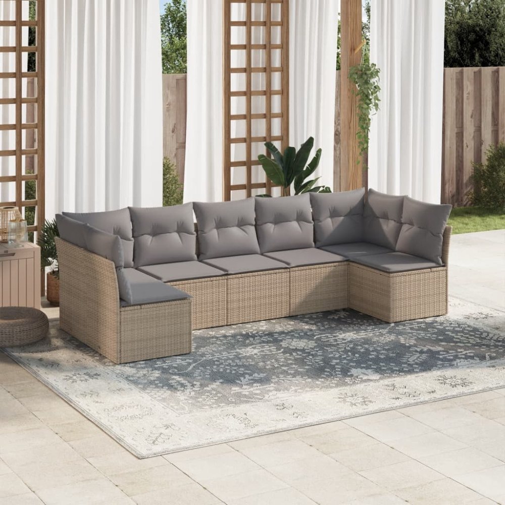 vidaXL Matgrupp för trädgården med dynor 7 delar beige konstrotting