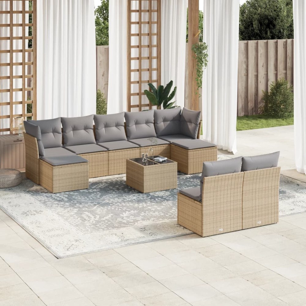 vidaXL Soffgrupp för trädgård med dynor 10 delar beige konstrotting