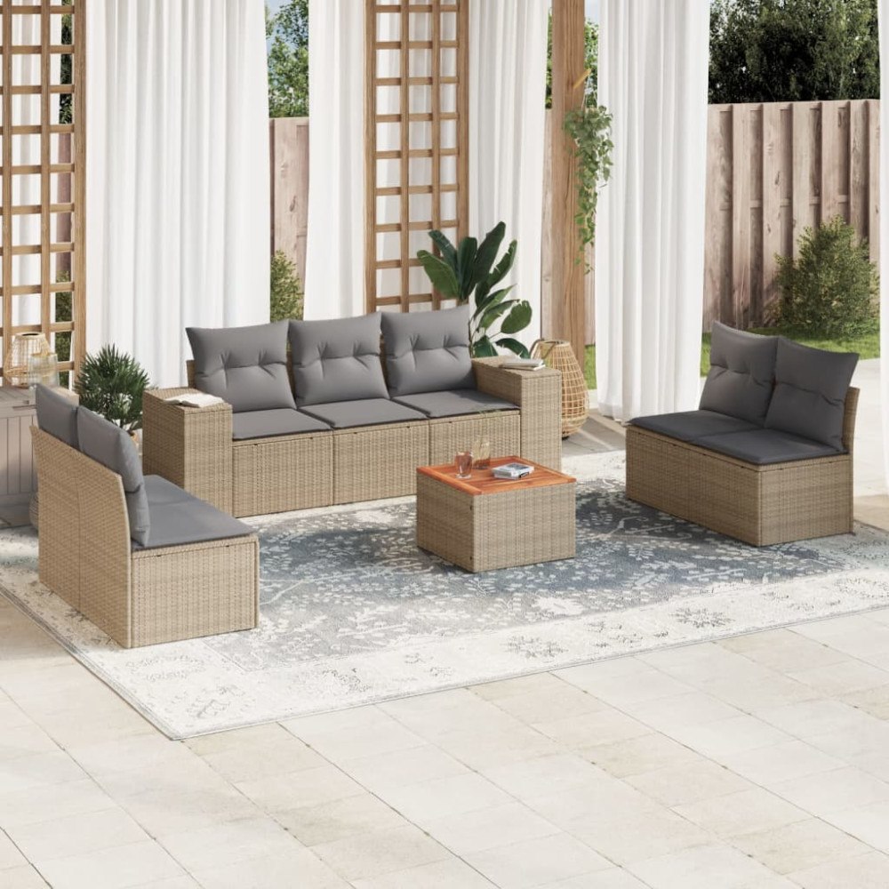 vidaXL Matgrupp för trädgården med dynor 8 delar beige konstrotting