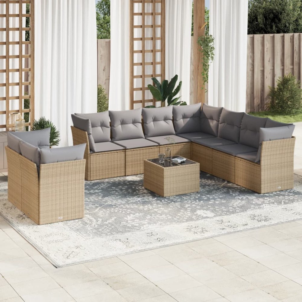 vidaXL Soffgrupp för trädgård med dynor 10 delar beige konstrotting