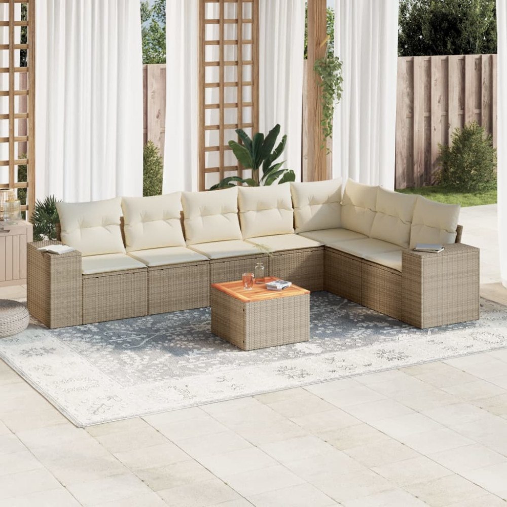 vidaXL Matgrupp för trädgården med dynor 8 delar beige konstrotting