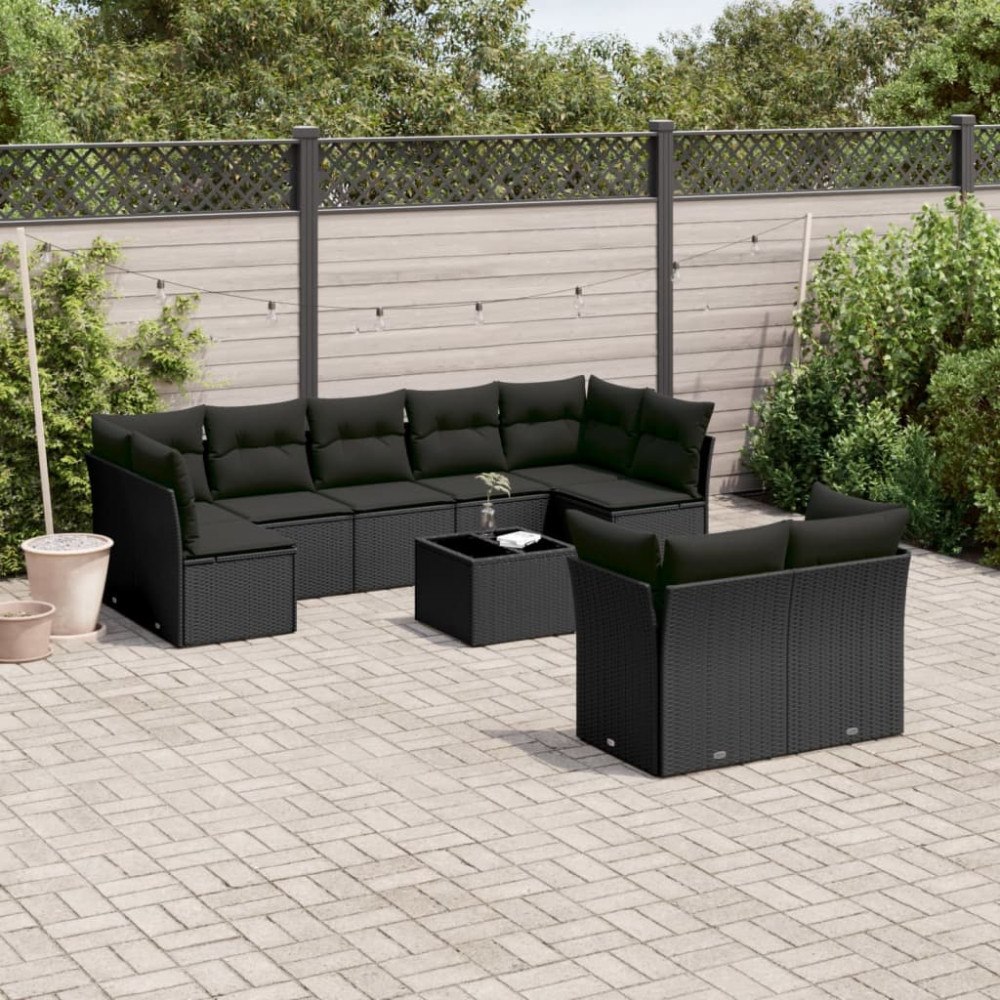 vidaXL Loungegrupp 10 delar med svarta dynor konstrotting