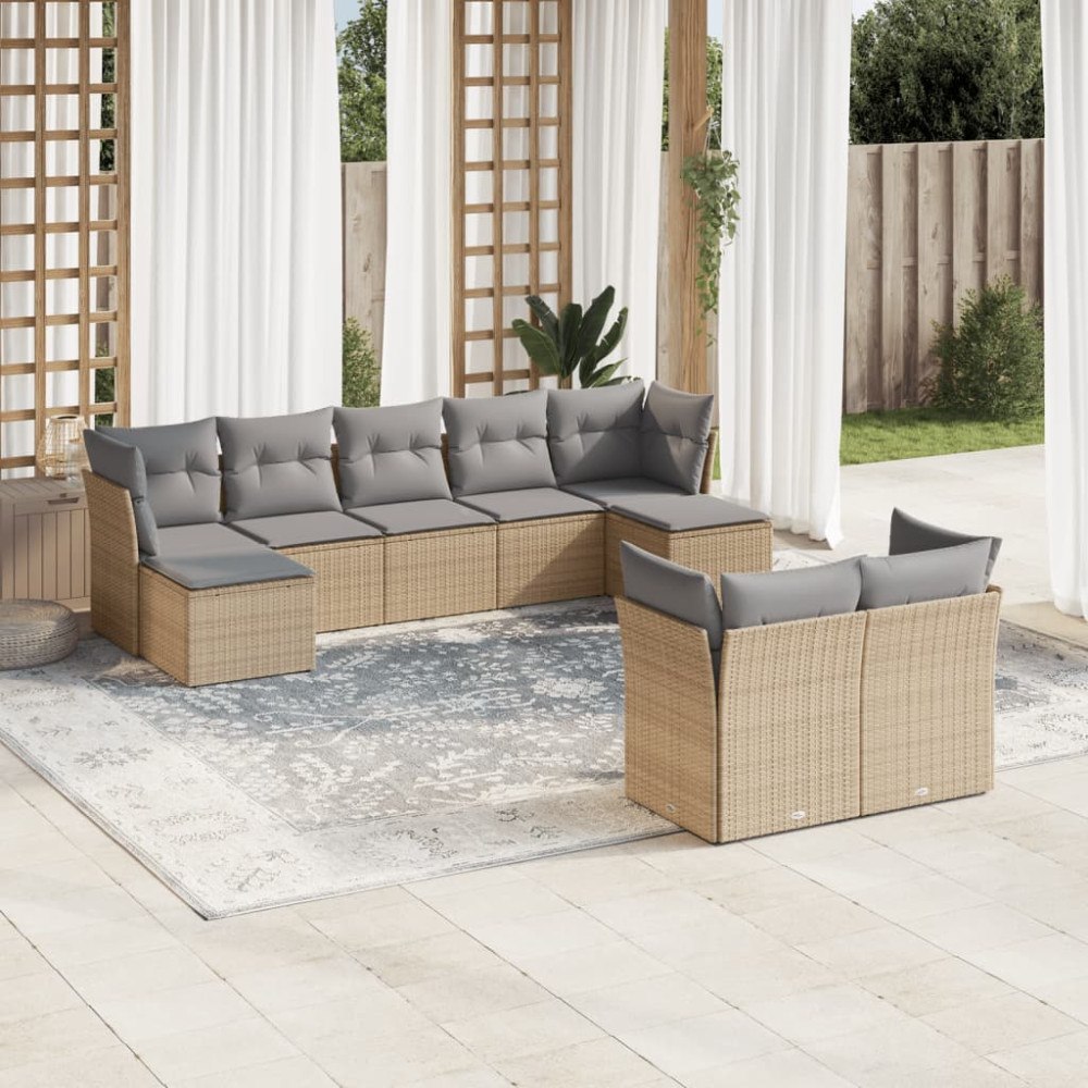vidaXL Soffgrupp för trädgården med dynor 9 delar beige konstrotting