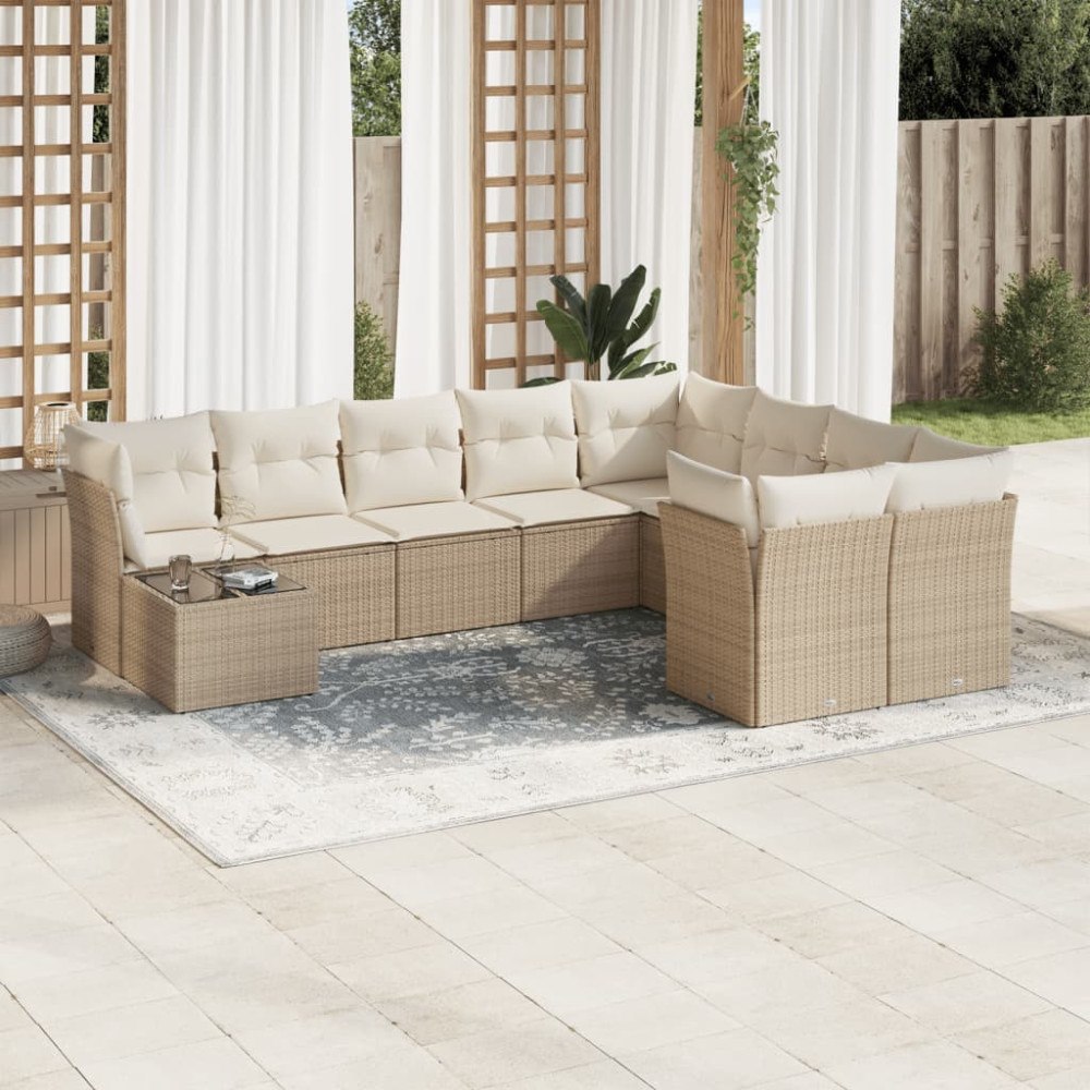 vidaXL Soffgrupp för trädgård med dynor 10 delar beige konstrotting
