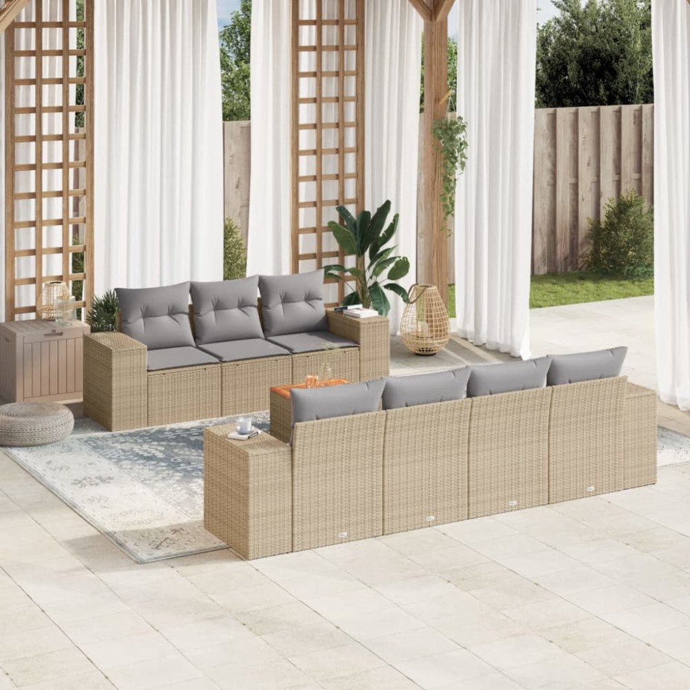 vidaXL Matgrupp för trädgården med dynor 8 delar beige konstrotting