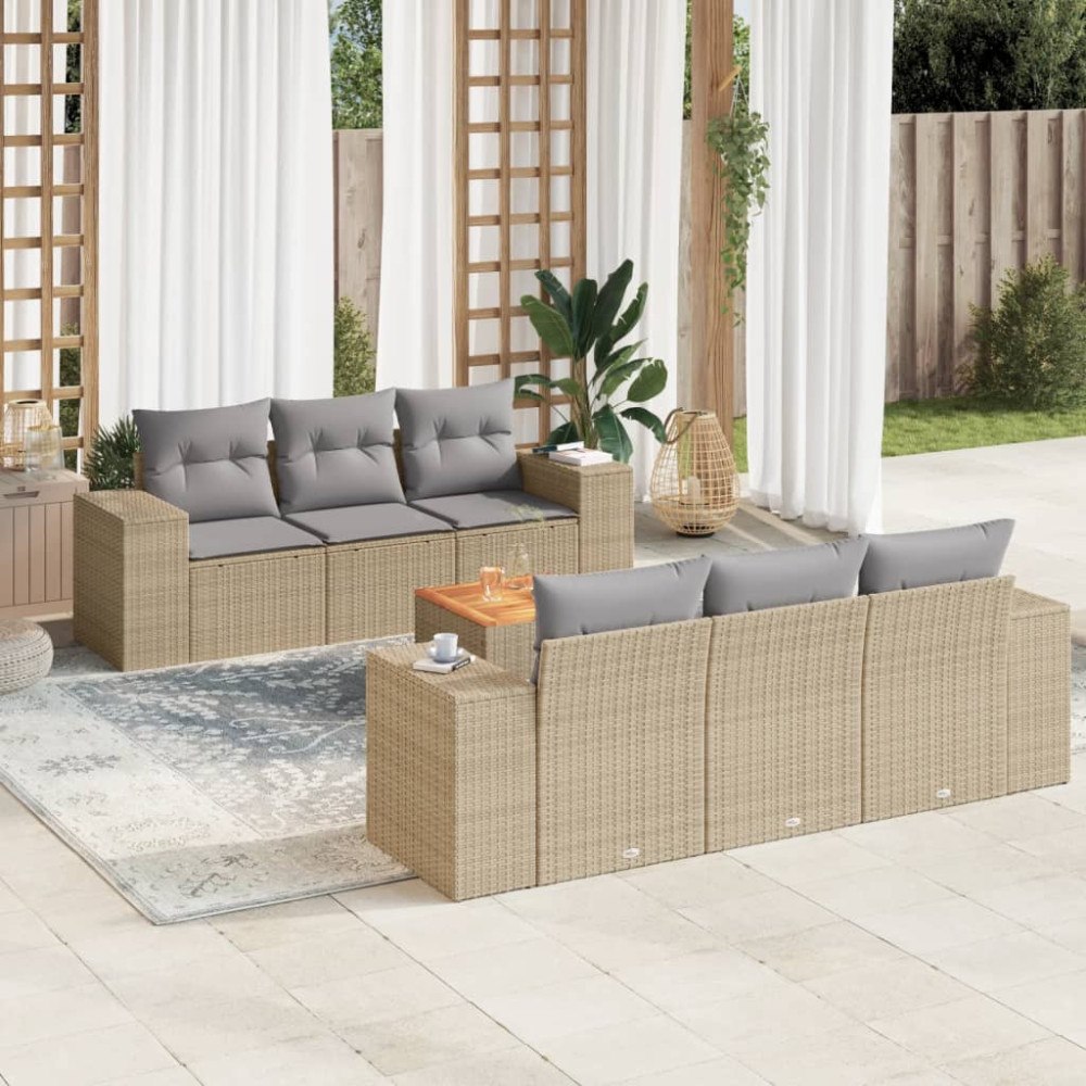 vidaXL Matgrupp för trädgården med dynor 7 delar beige konstrotting
