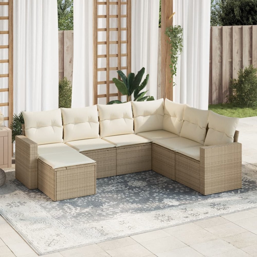 vidaXL Matgrupp för trädgården med dynor 7 delar beige konstrotting