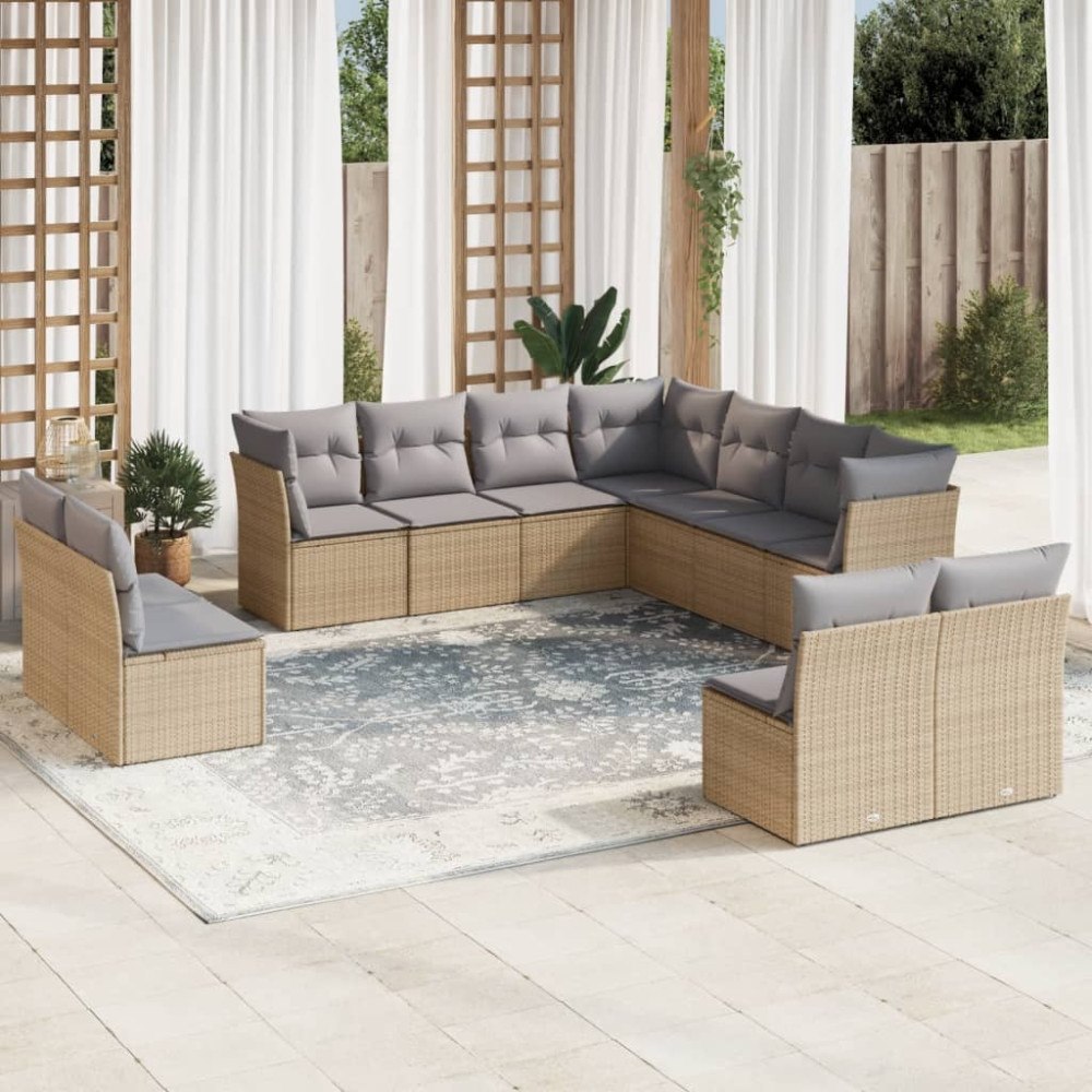 vidaXL Loungegrupp för trädgården m. dynor 11 delar beige konstrotting