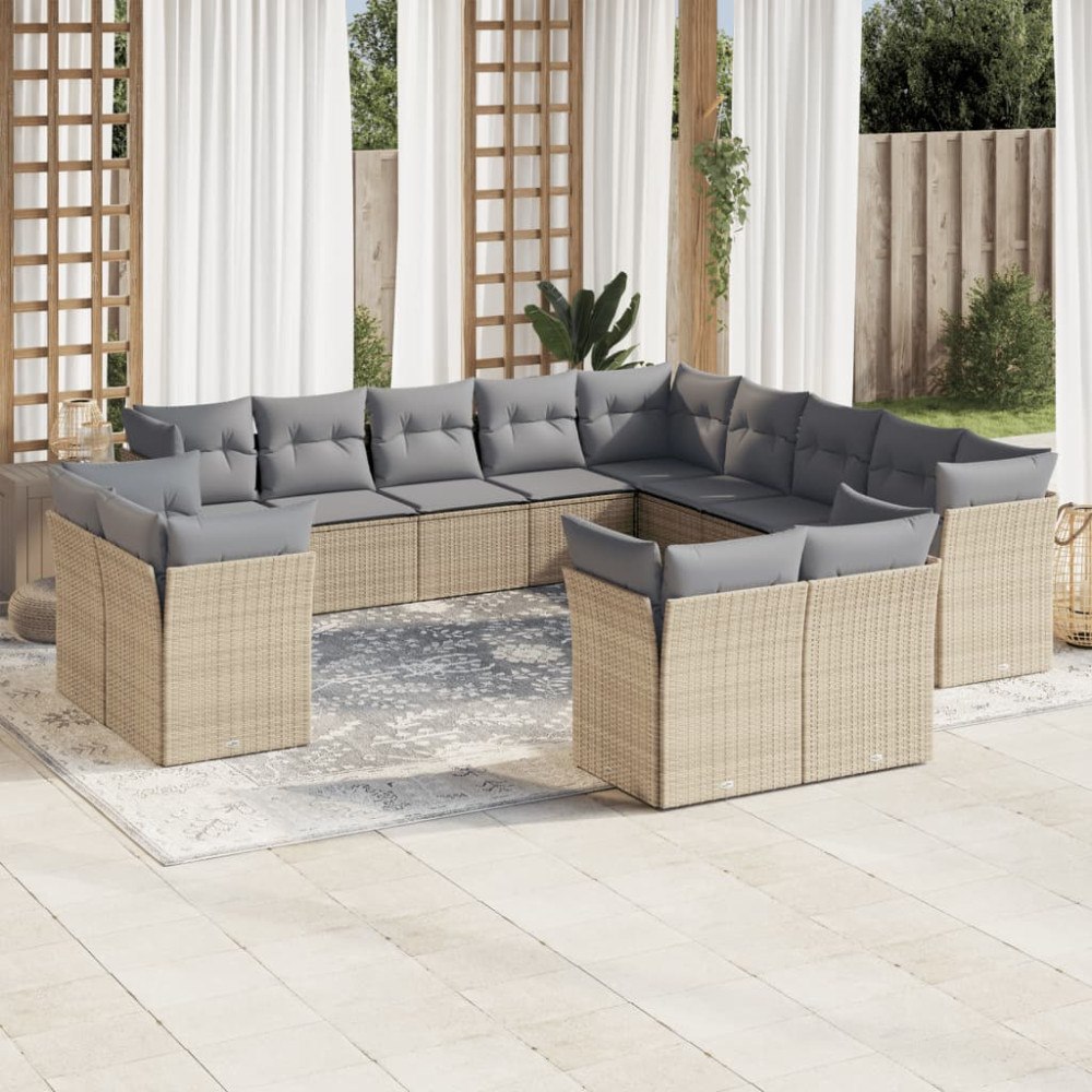 vidaXL Soffgrupp för trädgården med dynor 13 delar beige konstrotting