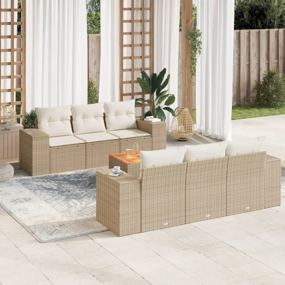 vidaXL Matgrupp för trädgården med dynor 7 delar beige konstrotting