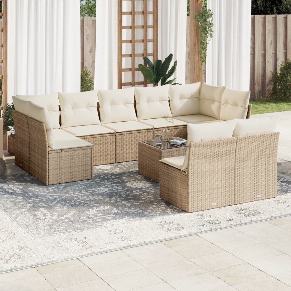 vidaXL Soffgrupp för trädgård med dynor 10 delar beige konstrotting