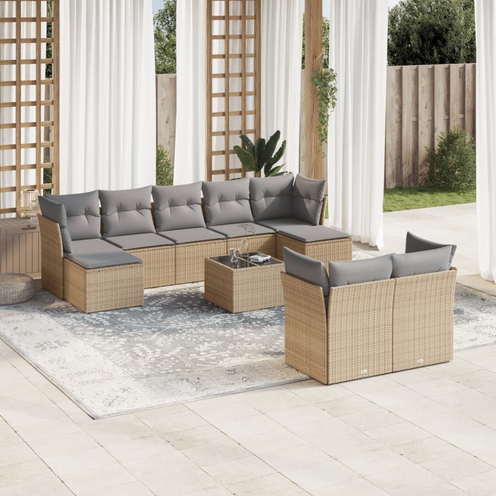 vidaXL Soffgrupp för trädgård med dynor 10 delar beige konstrotting