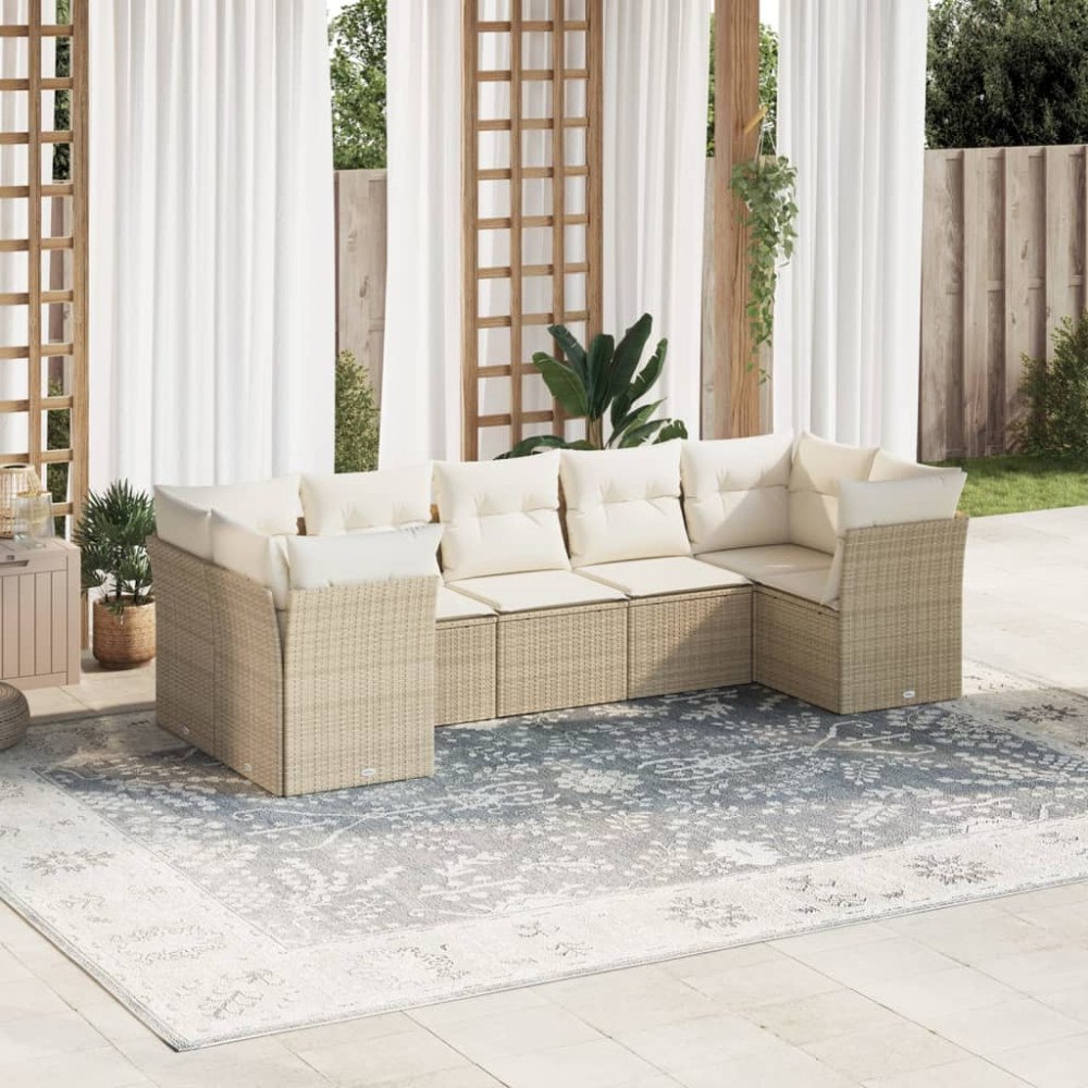 vidaXL Matgrupp för trädgården med dynor 7 delar beige konstrotting