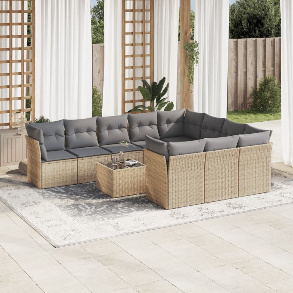 vidaXL Loungegrupp för trädgården m. dynor 11 delar beige konstrotting