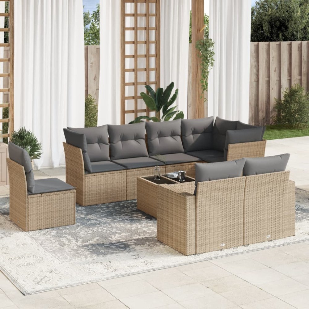 vidaXL Soffgrupp för trädgården med dynor 9 delar beige konstrotting