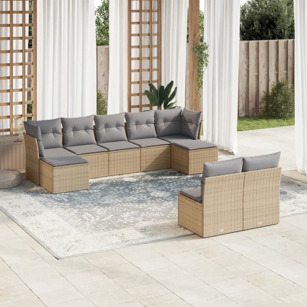 vidaXL Soffgrupp för trädgården med dynor 9 delar beige konstrotting