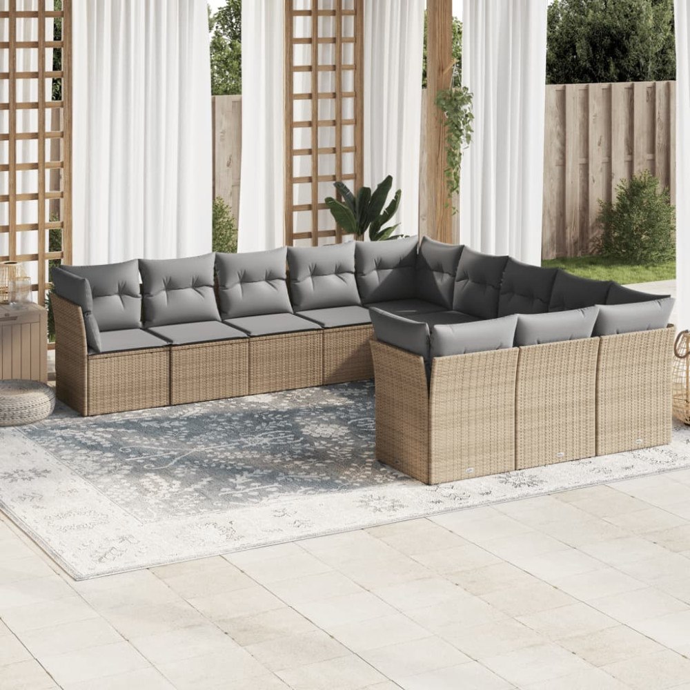 vidaXL Loungegrupp för trädgården m. dynor 11 delar beige konstrotting