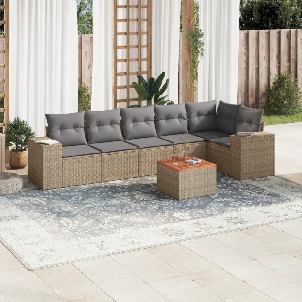 vidaXL Matgrupp för trädgården med dynor 7 delar beige konstrotting