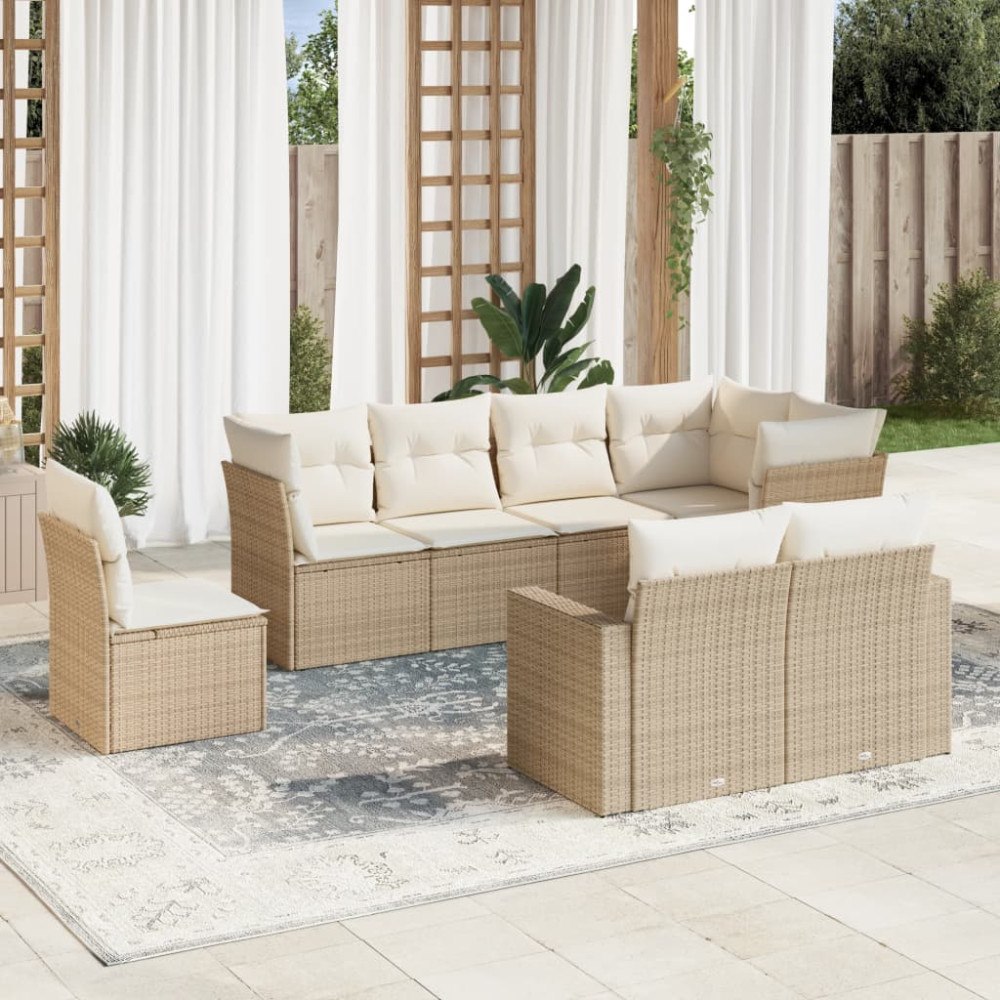 vidaXL Matgrupp för trädgården med dynor 8 delar beige konstrotting