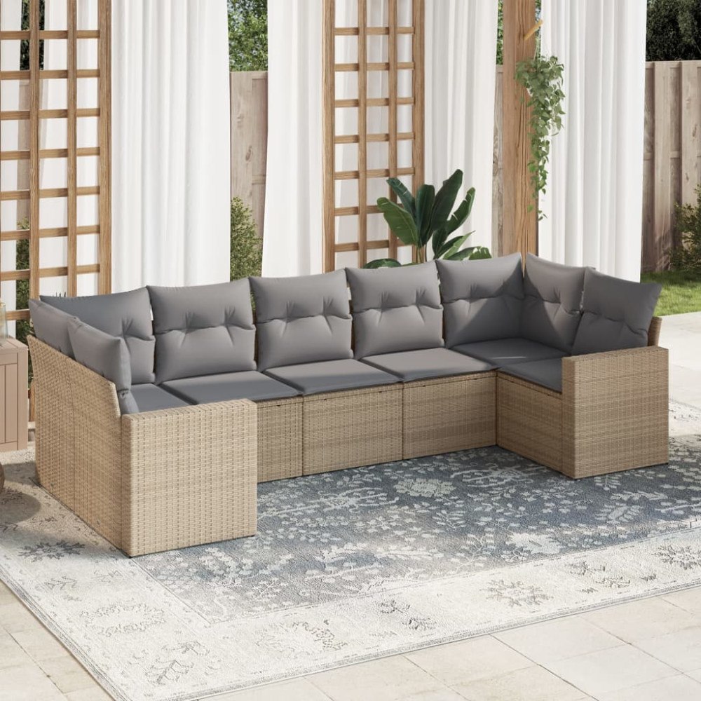 vidaXL Matgrupp för trädgården med dynor 7 delar beige konstrotting