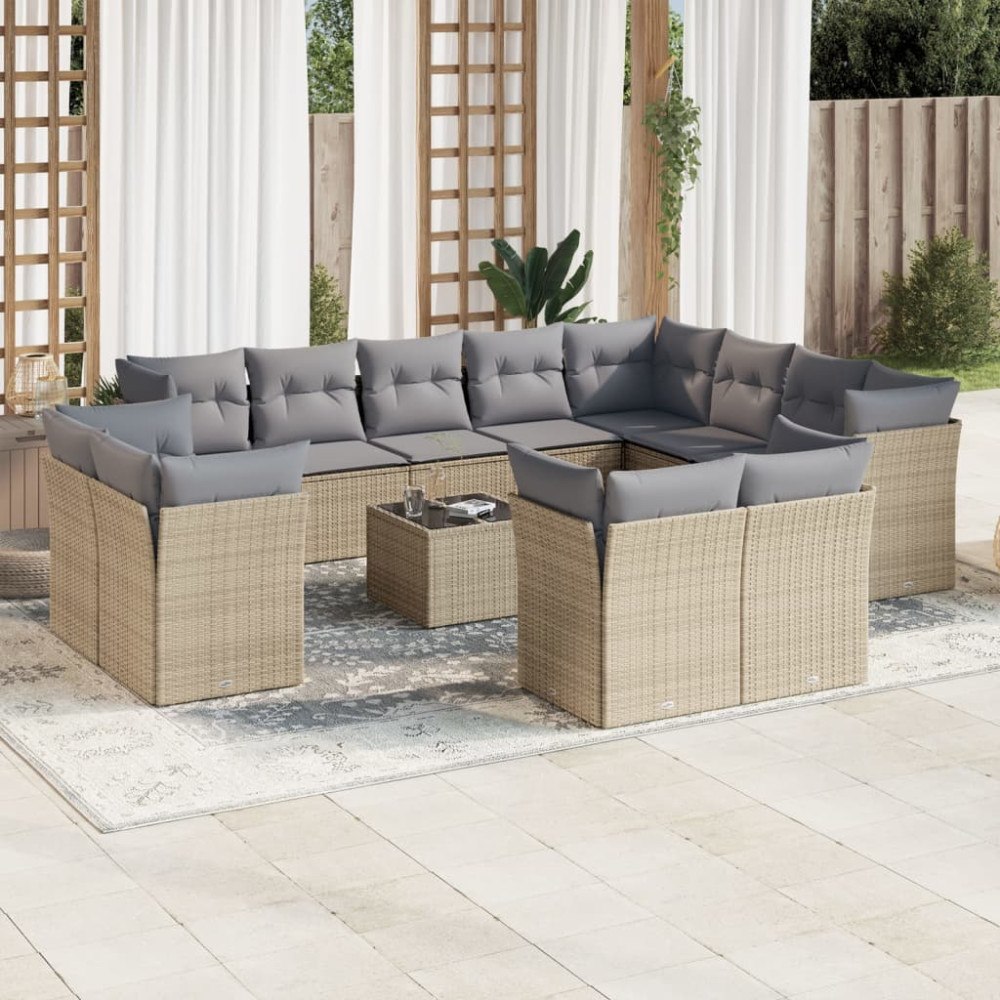 vidaXL Soffgrupp för trädgården med dynor 13 delar beige konstrotting