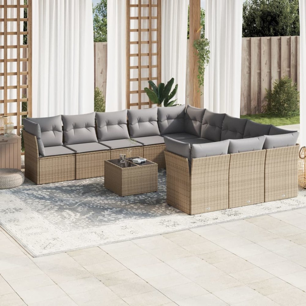 vidaXL Soffgrupp för trädgården 12 delar med dynor beige konstrotting