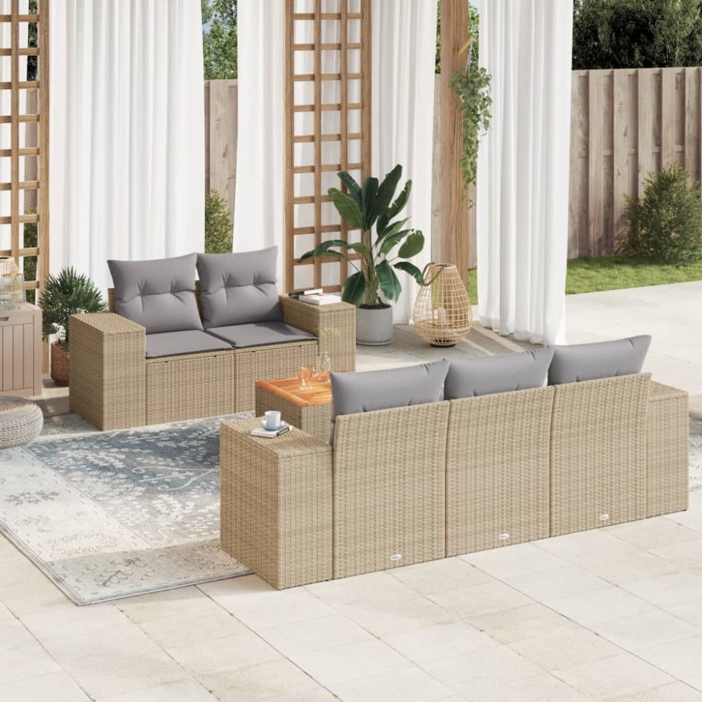 vidaXL Soffgrupp för trädgården med dynor 6 delar beige konstrotting