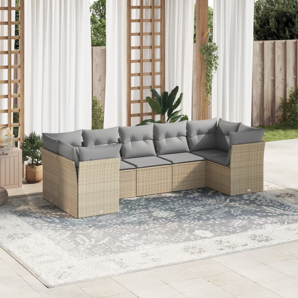 vidaXL Matgrupp för trädgården med dynor 7 delar beige konstrotting