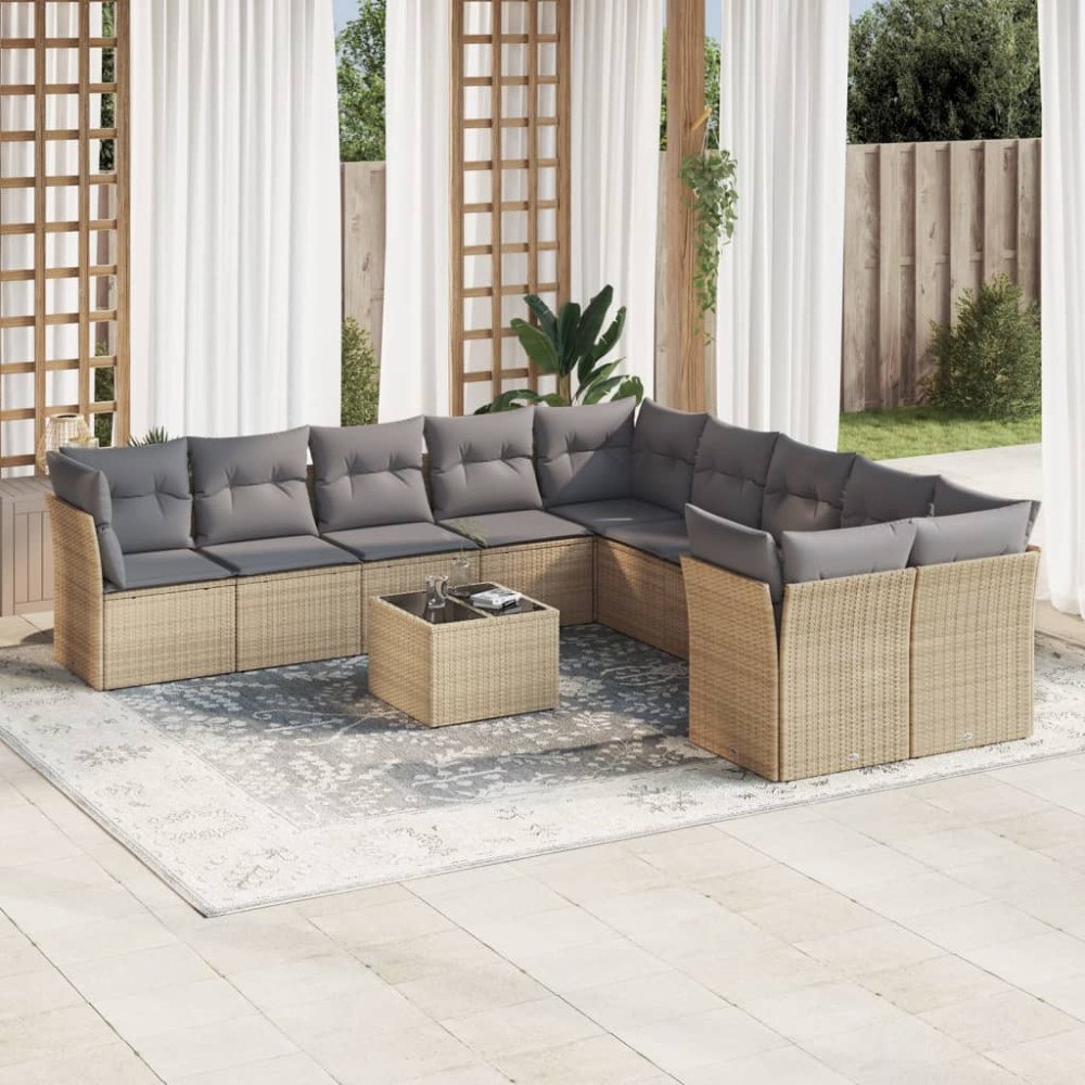 vidaXL Loungegrupp för trädgården m. dynor 11 delar beige konstrotting