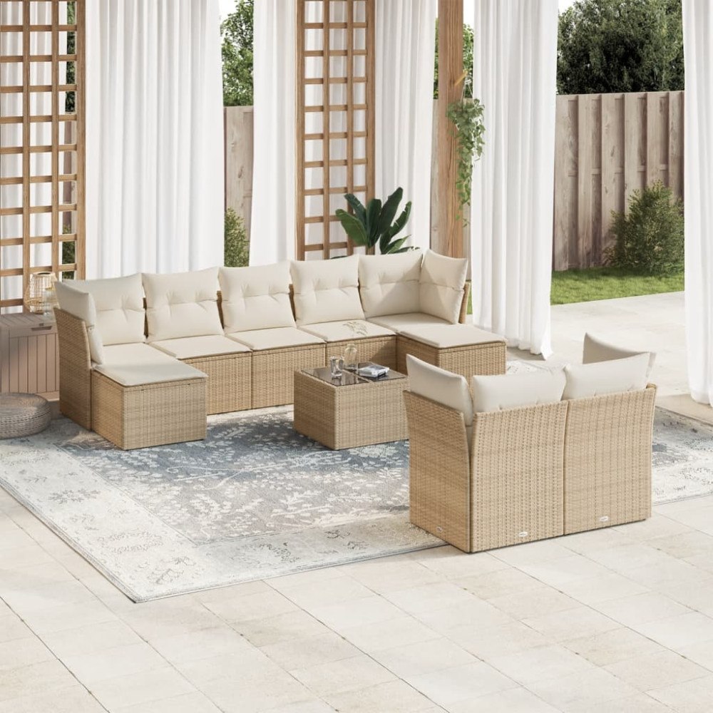 vidaXL Soffgrupp för trädgård med dynor 10 delar beige konstrotting