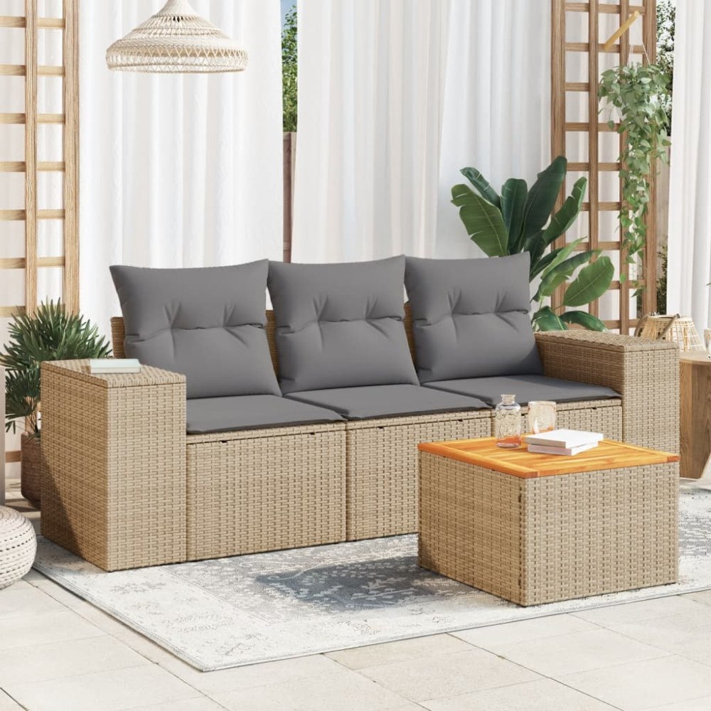 vidaXL Soffgrupp för trädgård med dynor 4 delar beige konstrotting
