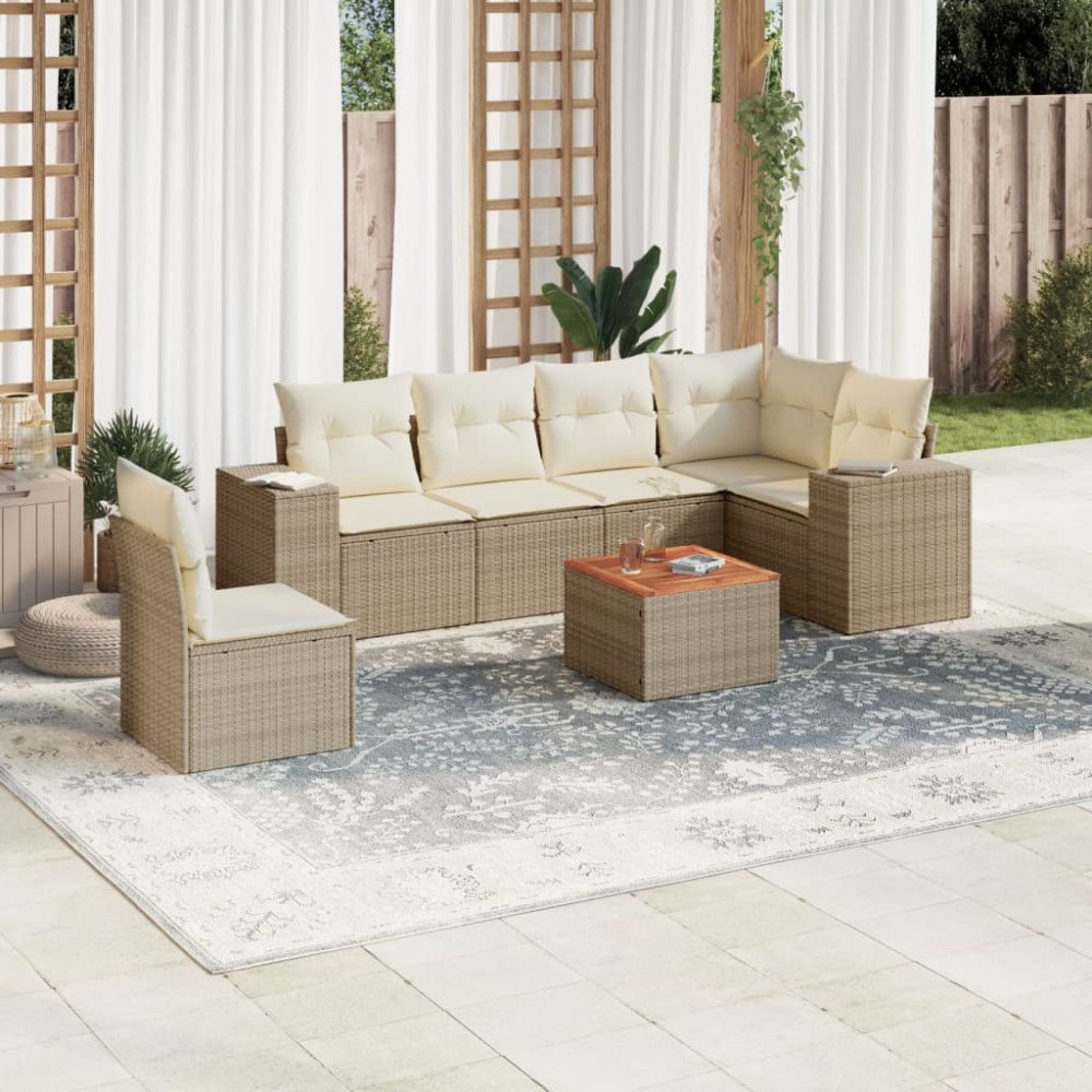 vidaXL Matgrupp för trädgården med dynor 7 delar beige konstrotting