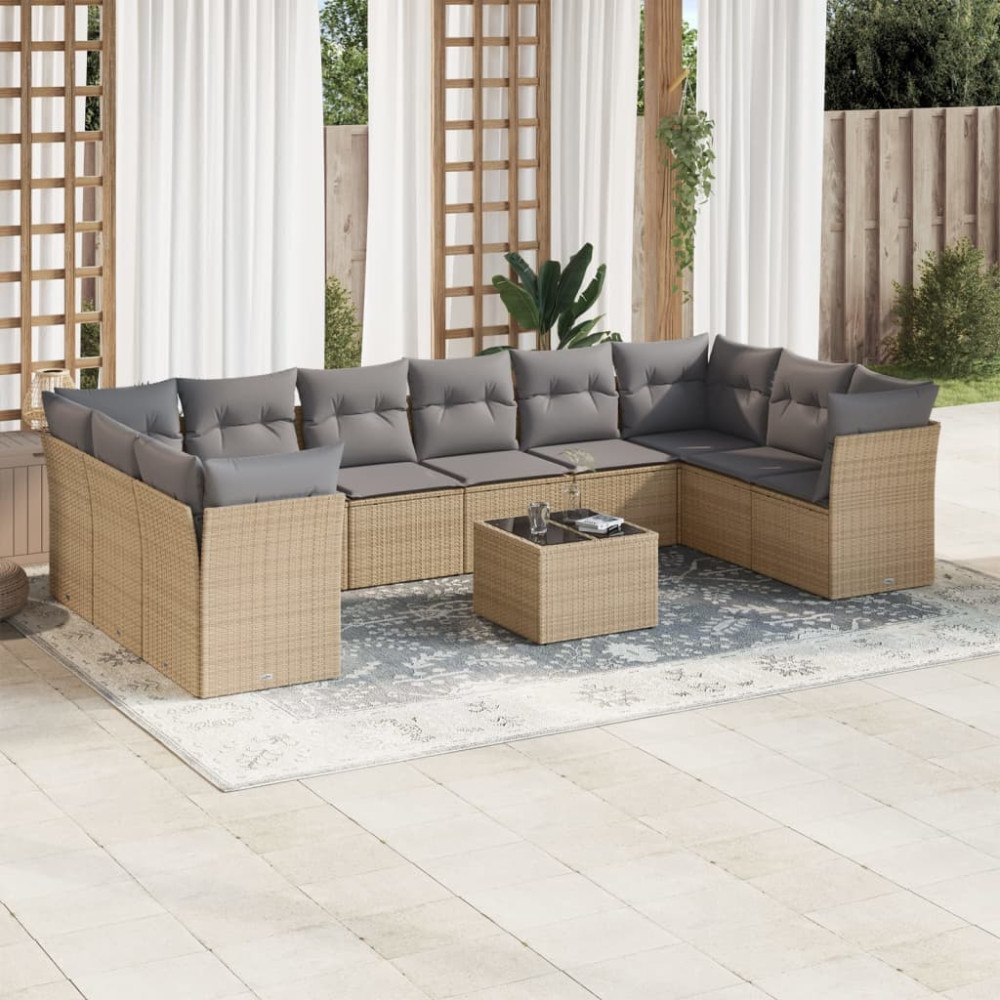 vidaXL Loungegrupp för trädgården m. dynor 11 delar beige konstrotting