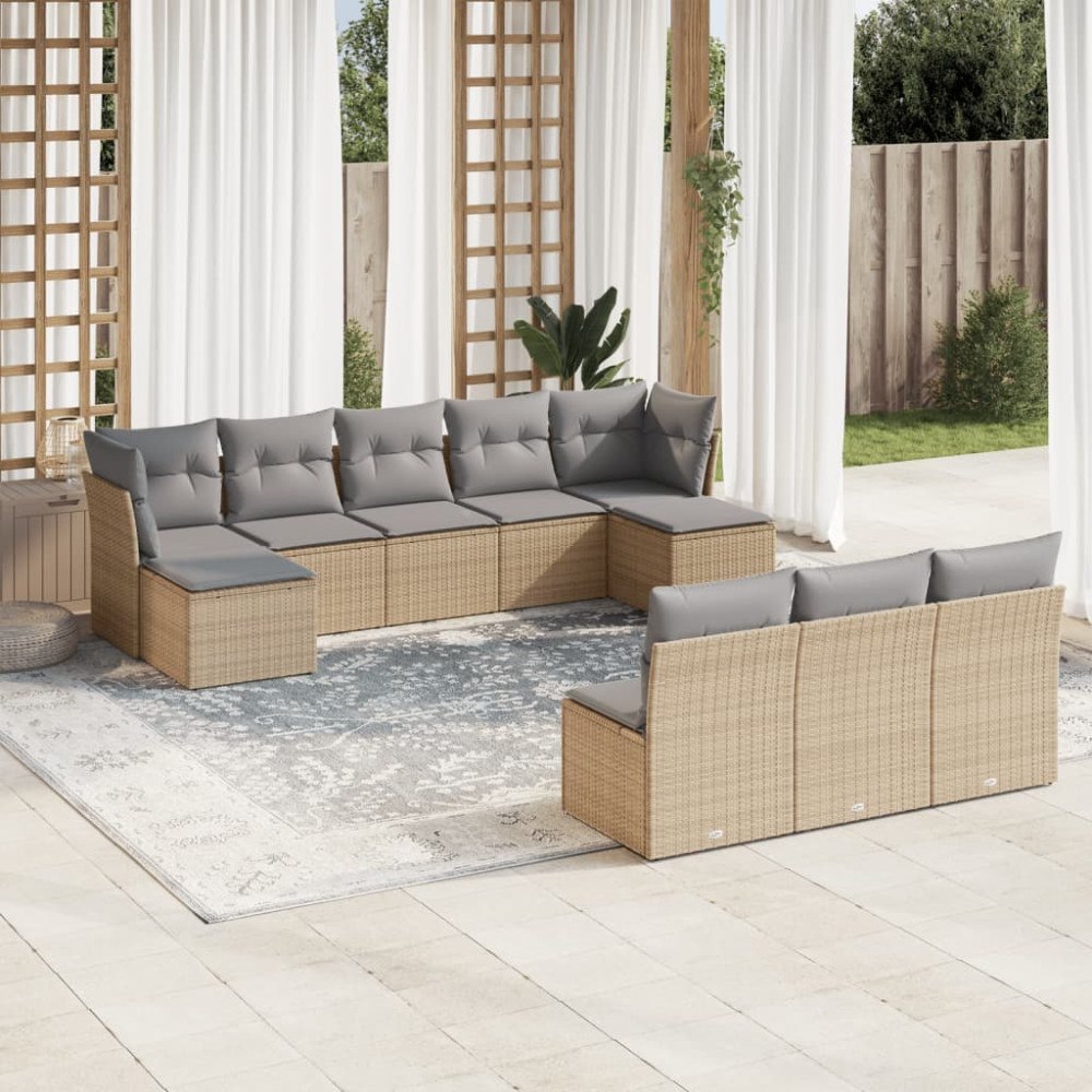 vidaXL Soffgrupp för trädgård med dynor 10 delar beige konstrotting