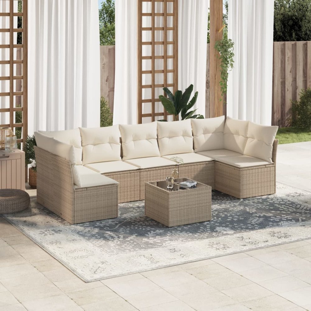 vidaXL Matgrupp för trädgården med dynor 8 delar beige konstrotting