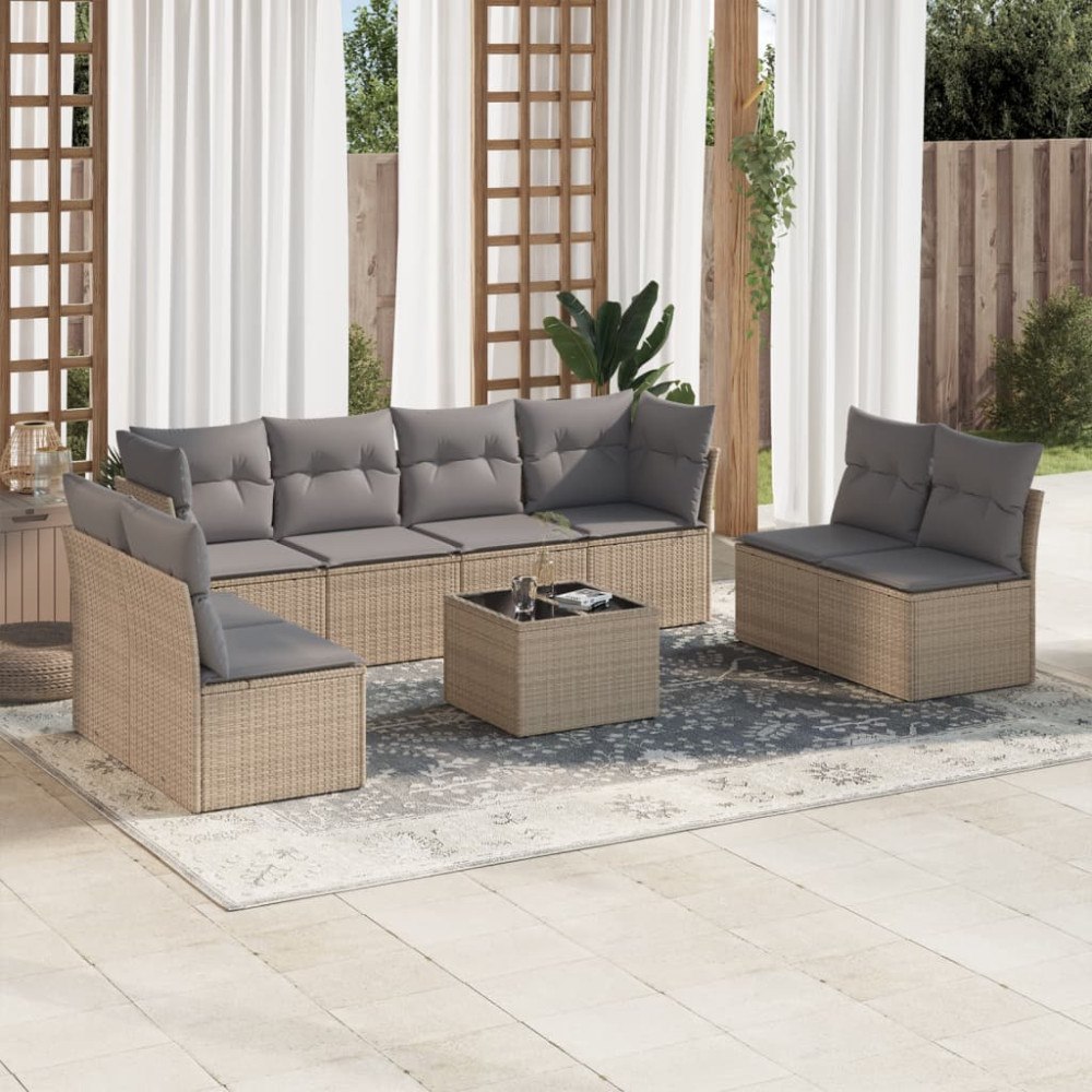 vidaXL Soffgrupp för trädgården med dynor 9 delar beige konstrotting