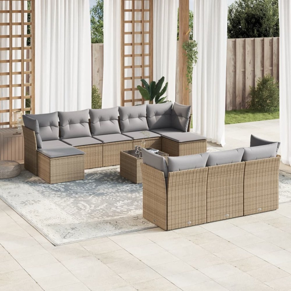 vidaXL Soffgrupp för trädgård med dynor 10 delar beige konstrotting