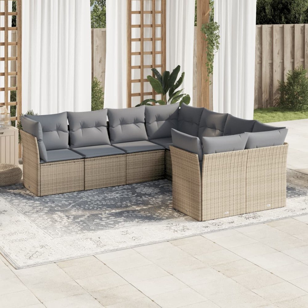 vidaXL Matgrupp för trädgården med dynor 8 delar beige konstrotting