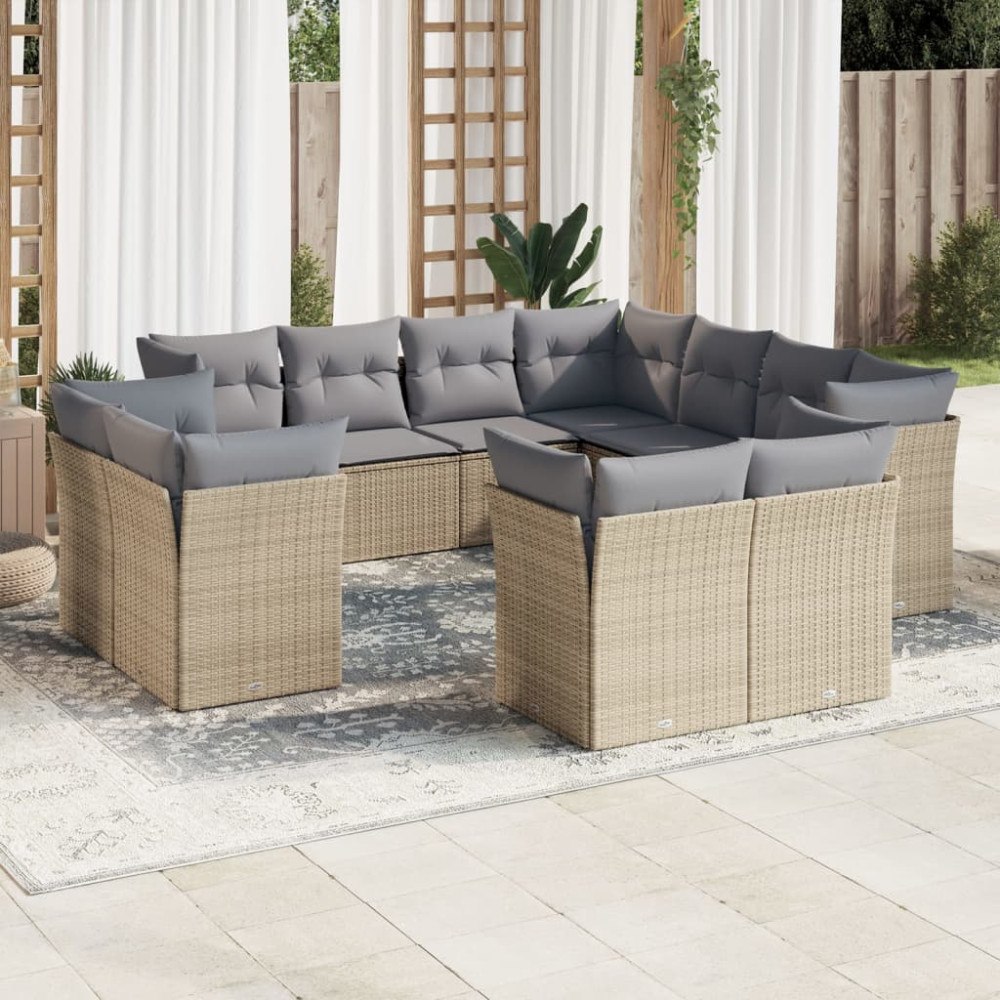 vidaXL Loungegrupp för trädgården m. dynor 11 delar beige konstrotting