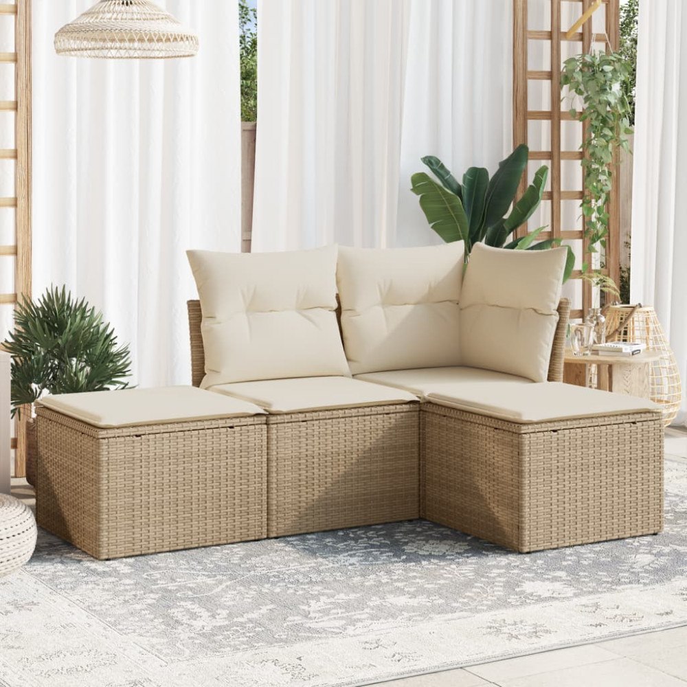 vidaXL Soffgrupp för trädgård med dynor 4 delar beige konstrotting