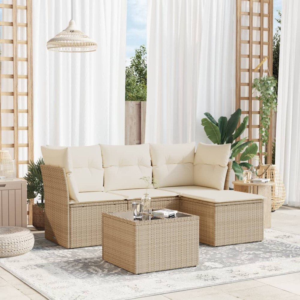 vidaXL Soffgrupp för trädgården med dynor 5 delar beige konstrotting