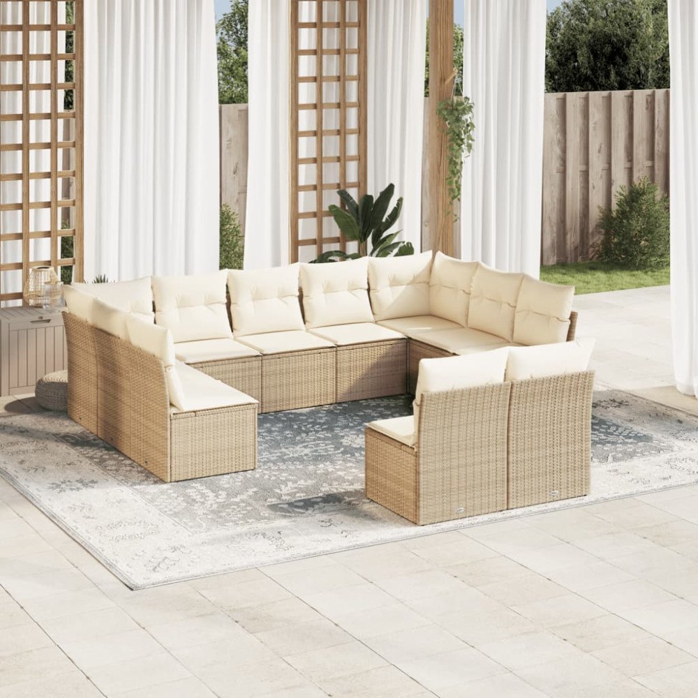 vidaXL Loungegrupp för trädgården m. dynor 11 delar beige konstrotting