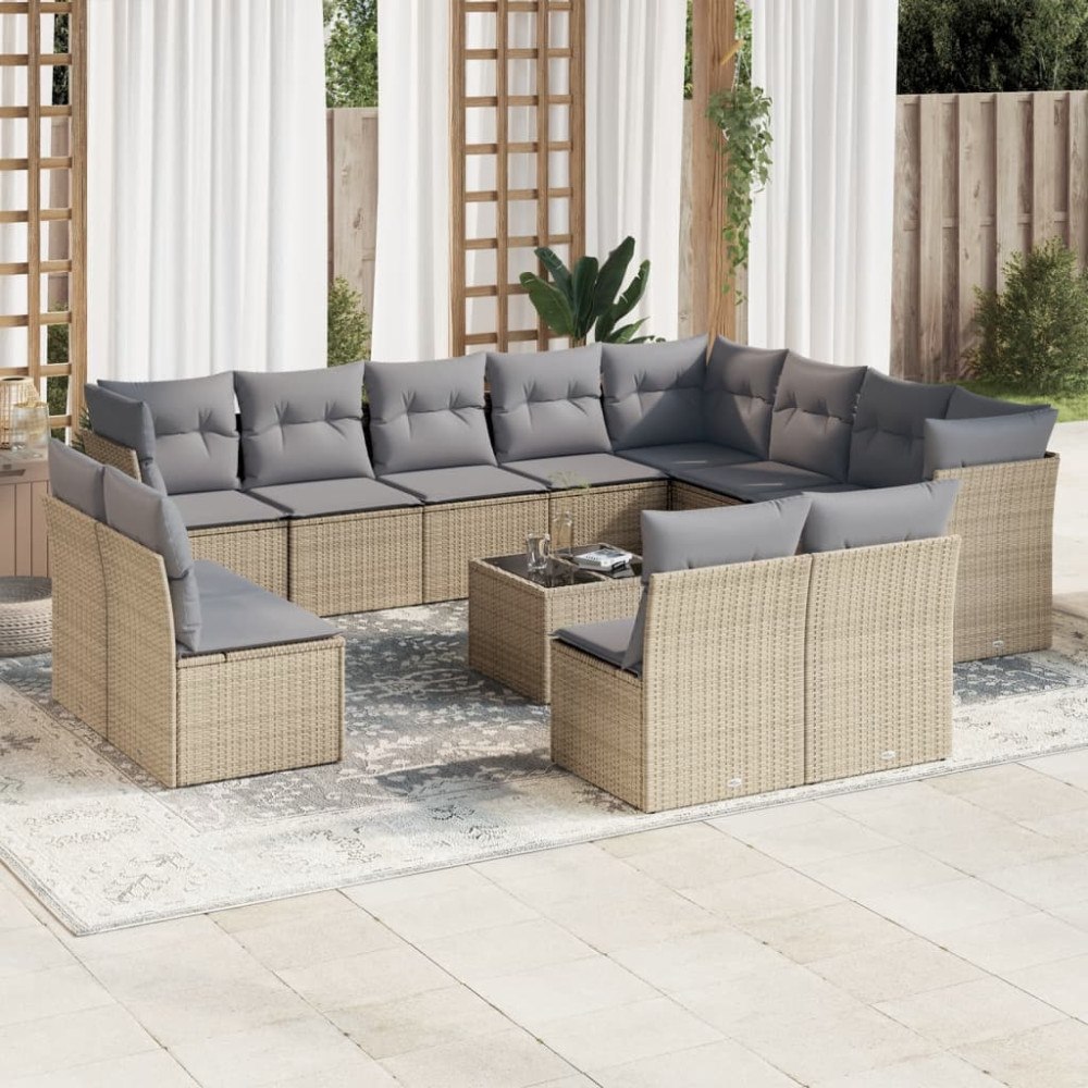 vidaXL Soffgrupp för trädgården med dynor 13 delar beige konstrotting