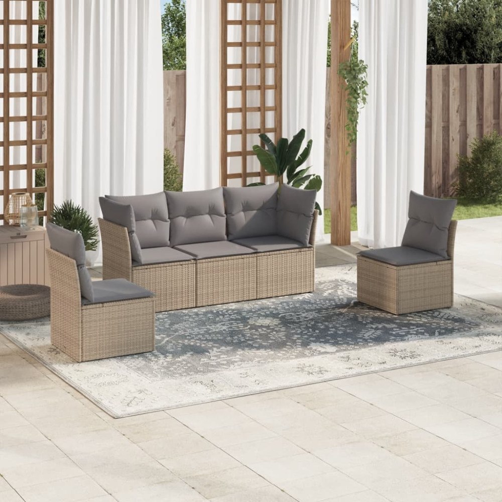 vidaXL Soffgrupp för trädgården med dynor 5 delar beige konstrotting