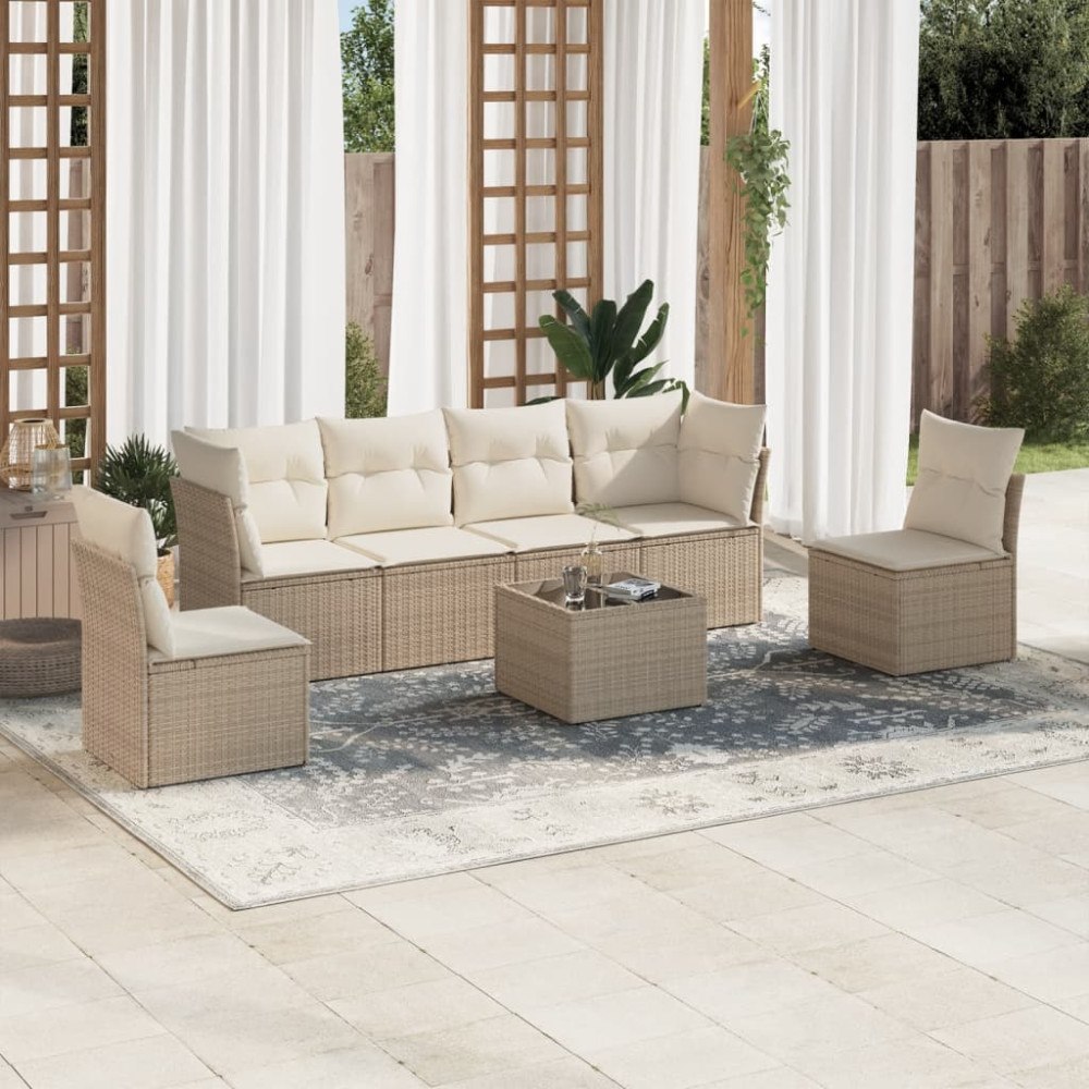 vidaXL Matgrupp för trädgården med dynor 7 delar beige konstrotting