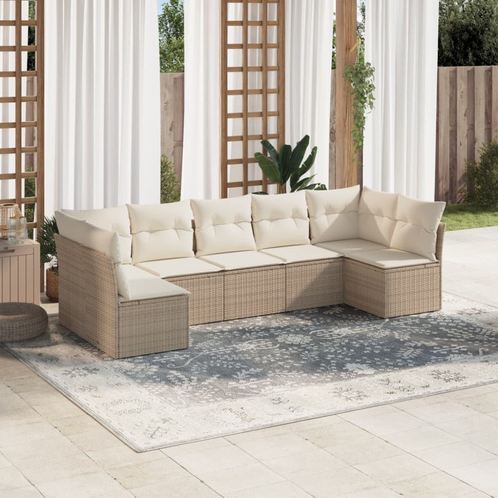 vidaXL Matgrupp för trädgården med dynor 7 delar beige konstrotting