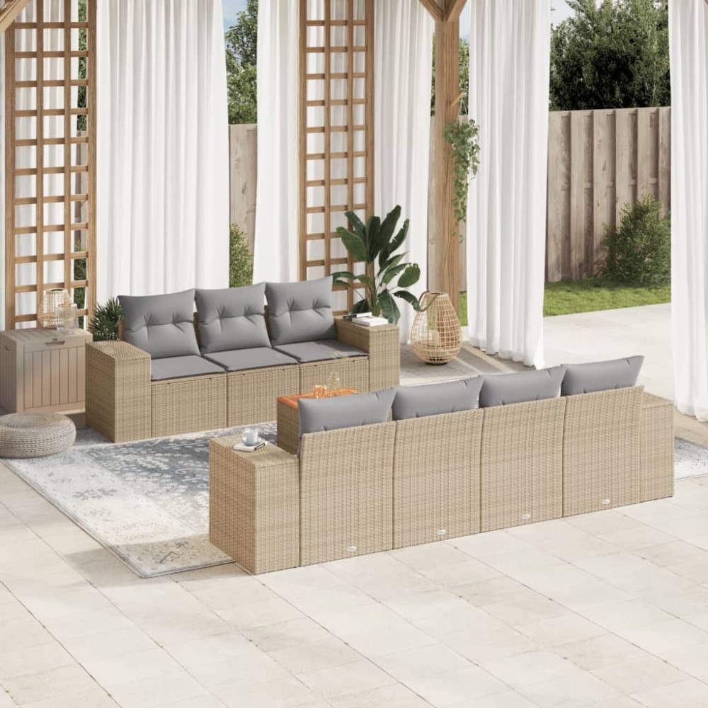 vidaXL Matgrupp för trädgården med dynor 8 delar beige konstrotting