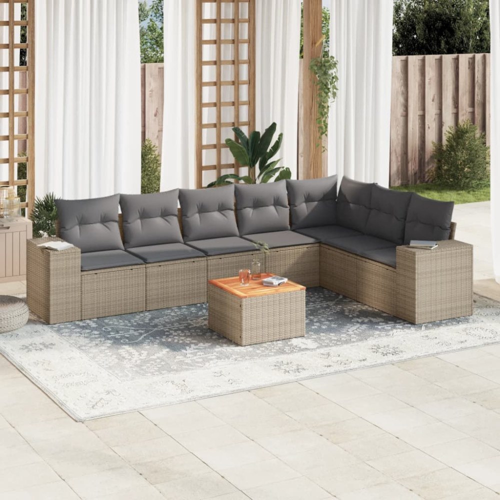 vidaXL Matgrupp för trädgården med dynor 8 delar beige konstrotting