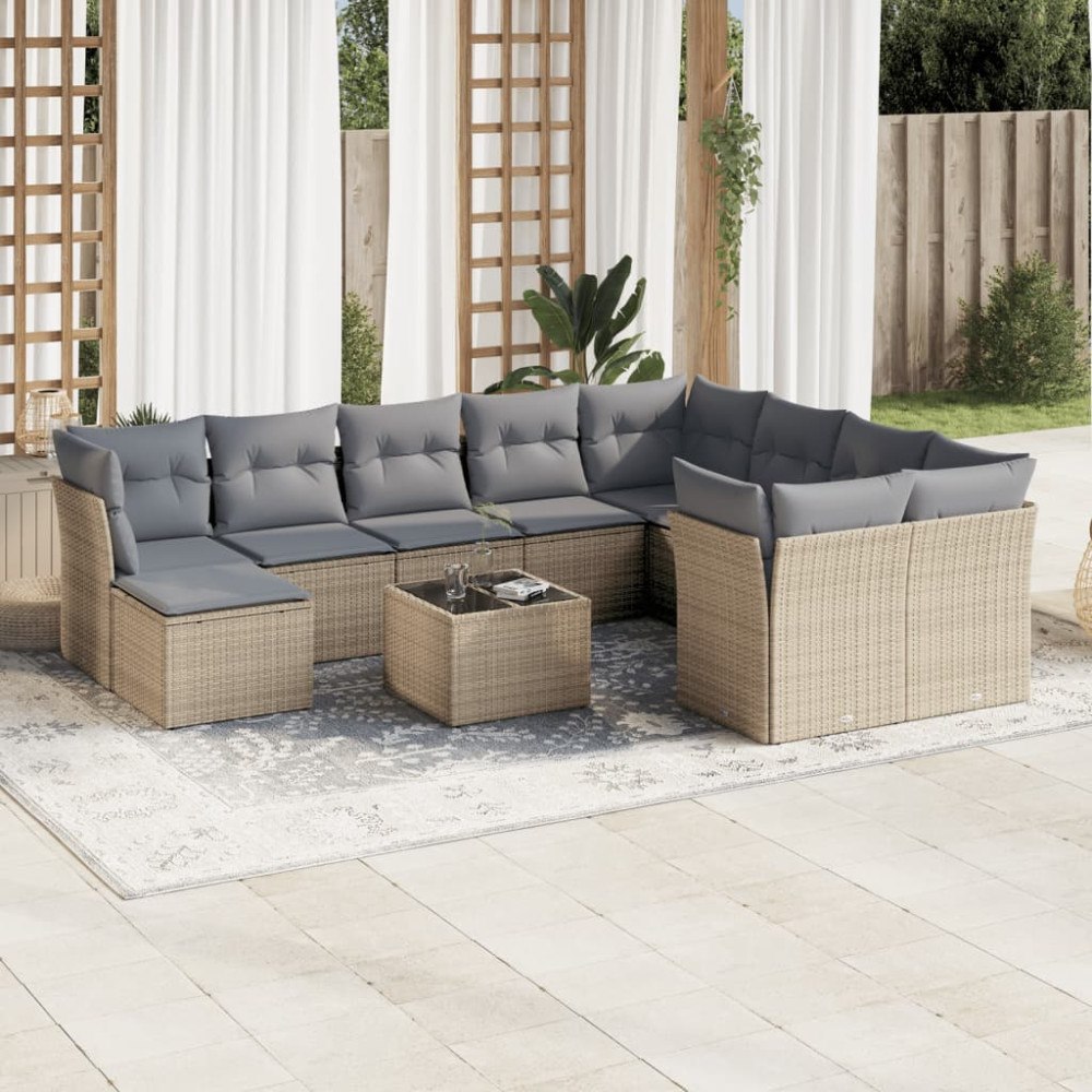 vidaXL Loungegrupp för trädgården m. dynor 11 delar beige konstrotting