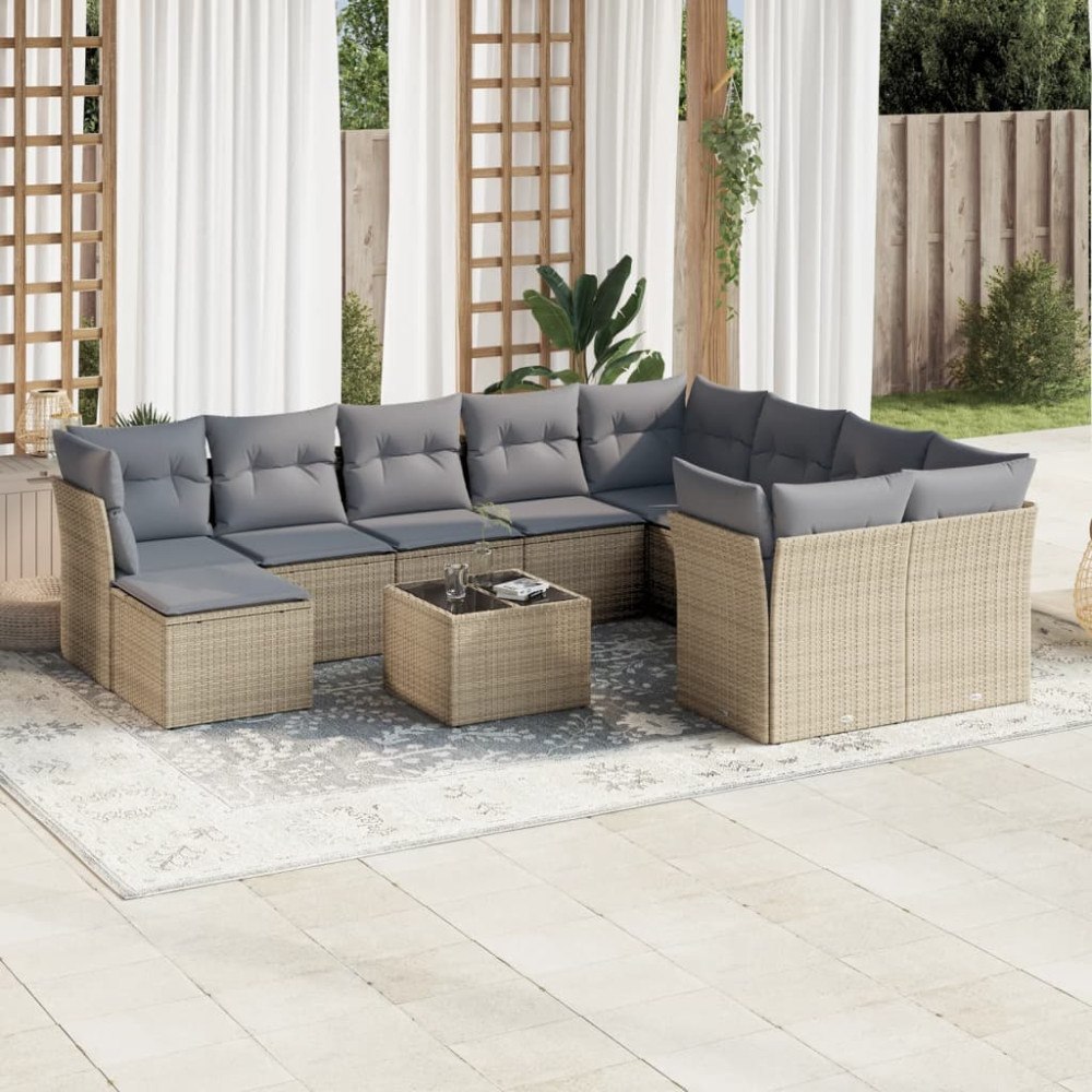 vidaXL Loungegrupp för trädgården m. dynor 11 delar beige konstrotting